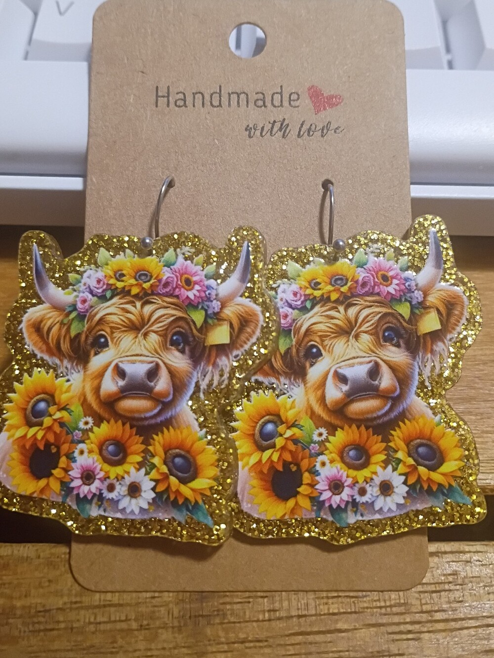 Handmade Cow Earrings with Sunflower Floral Crown - Gold Glitter